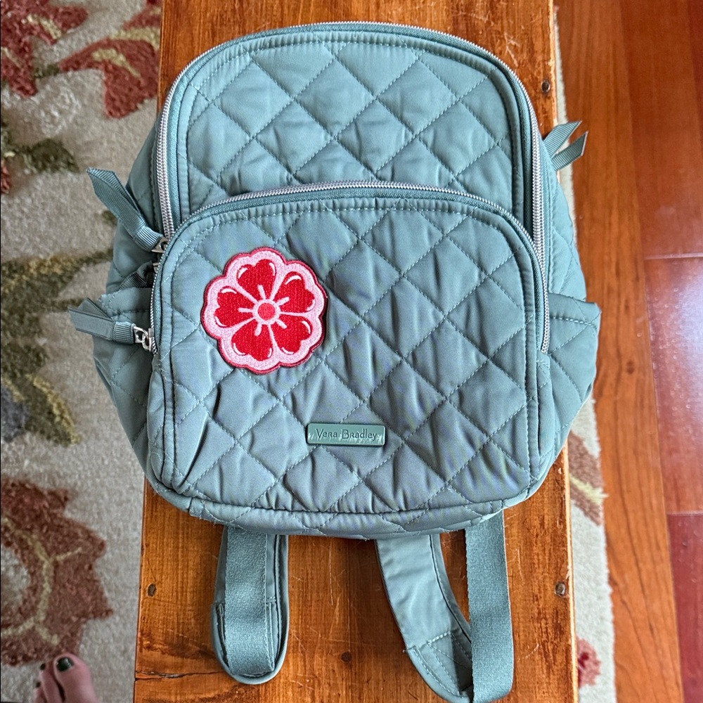 Vera Bradley Quilted Teal Mini Backpack with Red Floral Accent Patch
